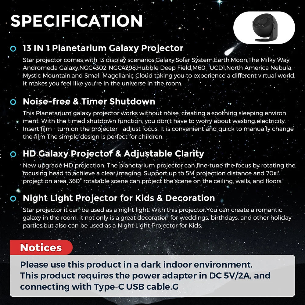 13 In 1 Galaxy Ultra Star Projector HD Image Area, LED Night Light, 13 Film Discs,360° Rotate 1/2h Timer for Kids&Adults Bedroom