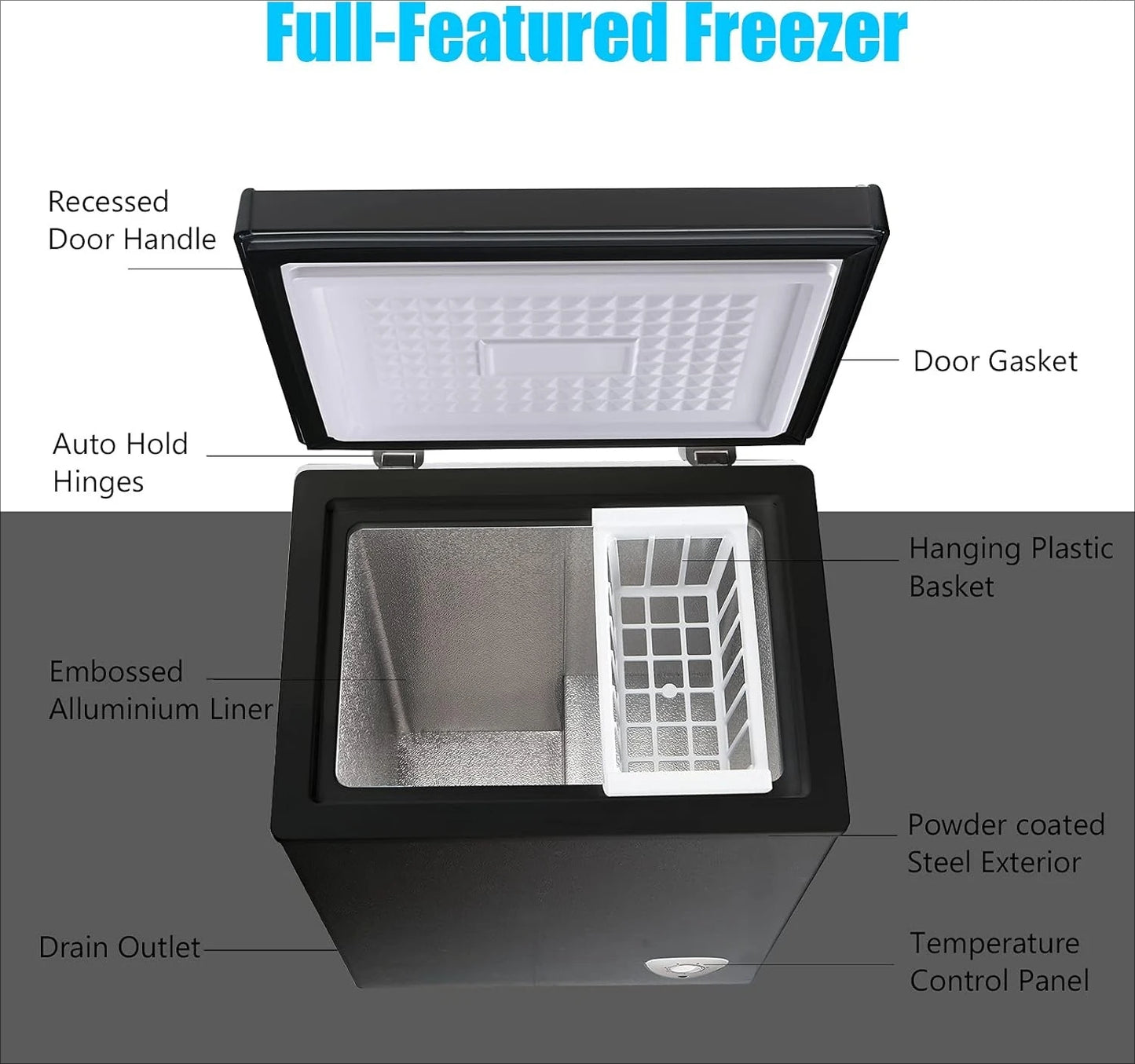 Small Freezer Black Deep Freezers 3.5 Cu.Ft Compact Free-Standing Top Door Adjustable 7 Thermostat and Removable Basket