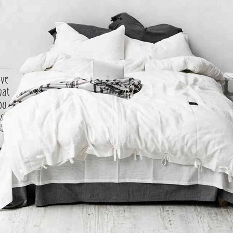 100% Linen Bedding Set,1 Duvet Cover with Tie Closure,2 Pillowcases,Fitted Sheet,Soft, Machine Washable,White