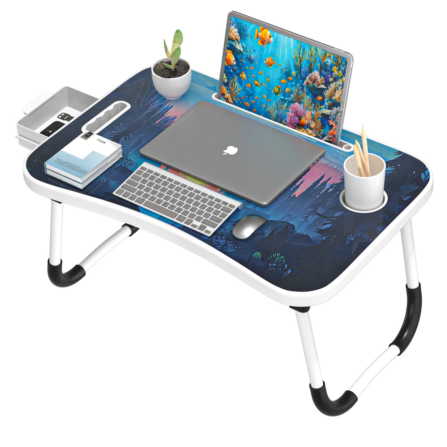 Extra-large multifunctional folding desk, portable multi-color wooden laptop bed desk with cup holder, suitable for work, reading