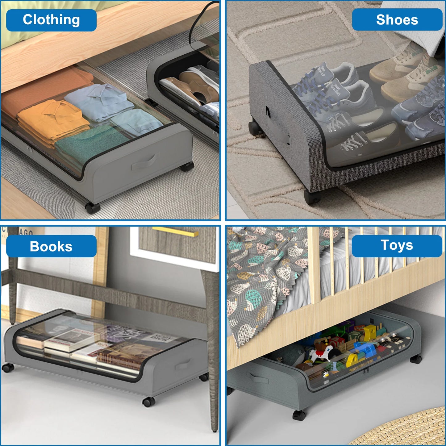 2-Pack Bed Storage Box with Wheels Large Capacity Rolling Storage Bin with Clear Window with Handles for Clothes, Toys, Shoes