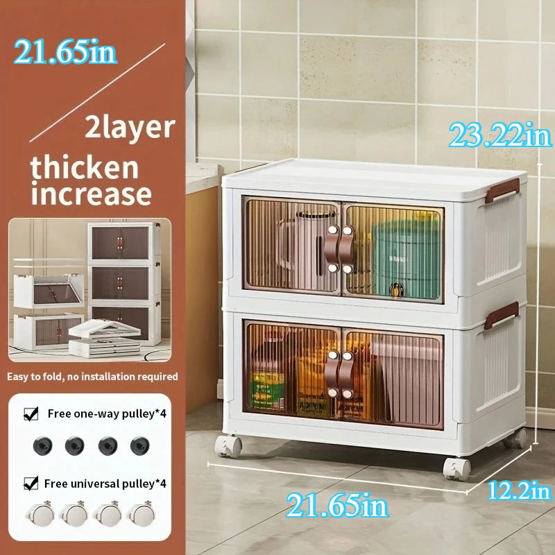 Foldable Storage Cabinet with 2/4 Layers, Large Double-Opening Multi-Functional Storage Box with Lid and Wheels, Suitable for Clothes, Toys, Books, Suitable for Kitchen, Bedroom, Playroom, Closet Organization and Storage
