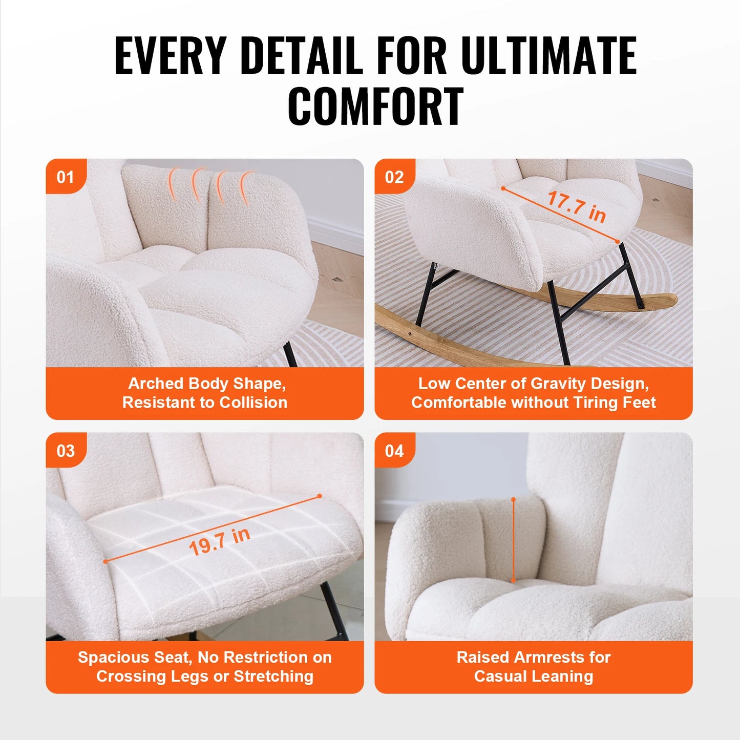 VEVOR Rocking Chair Nursery Glider 250 lbs Weight Capacity Upholstered Glider Rocker Chair for Nursery Bedroom Living Room Home