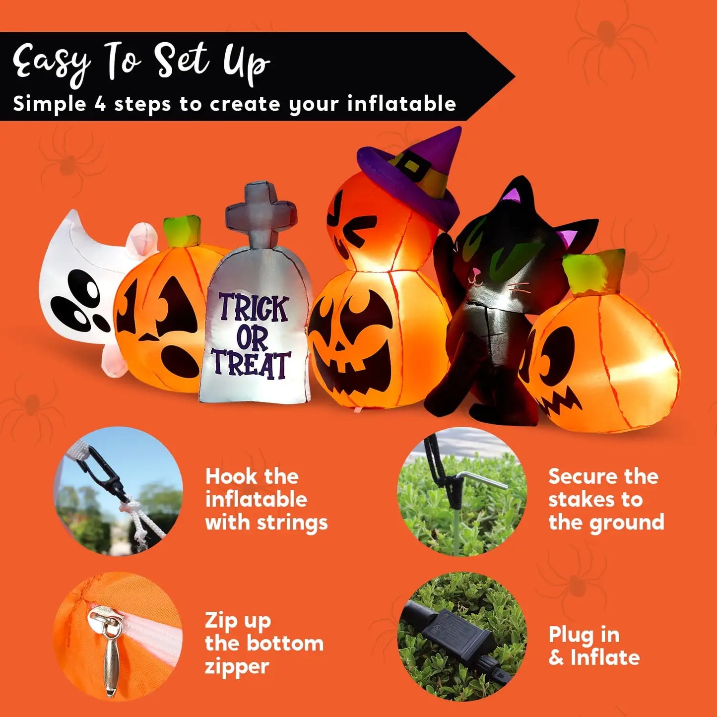 Joyfy 8 ft Halloween Inflatables Characters Long Light Up Pumpkin Ghost Cat Tombstone Halloween Blow up Yard Decorations