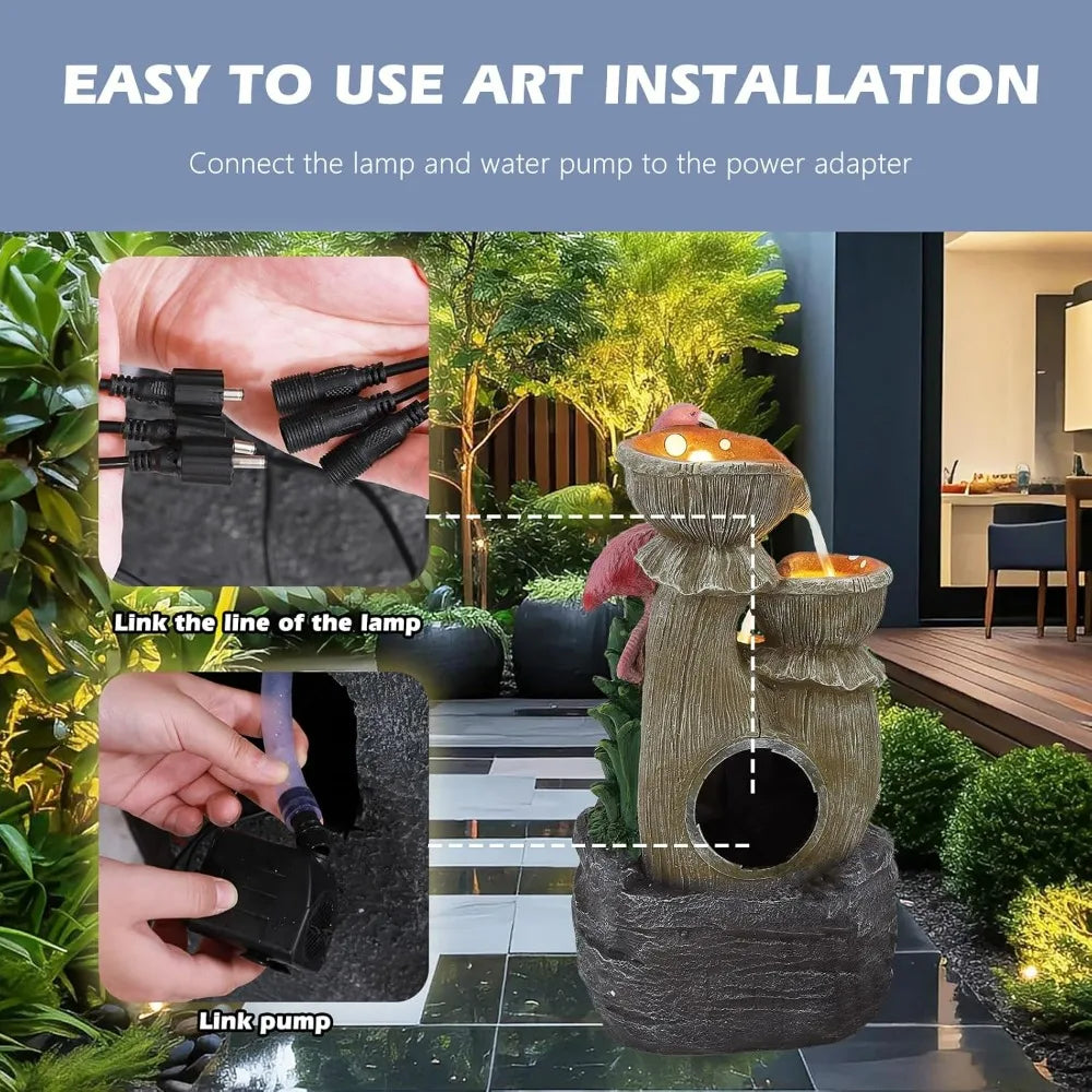 5 Tier Outdoor Indoor Water Feature Fountain, Flamingo Ornamental Cascading Waterfall with 5 LED Lights