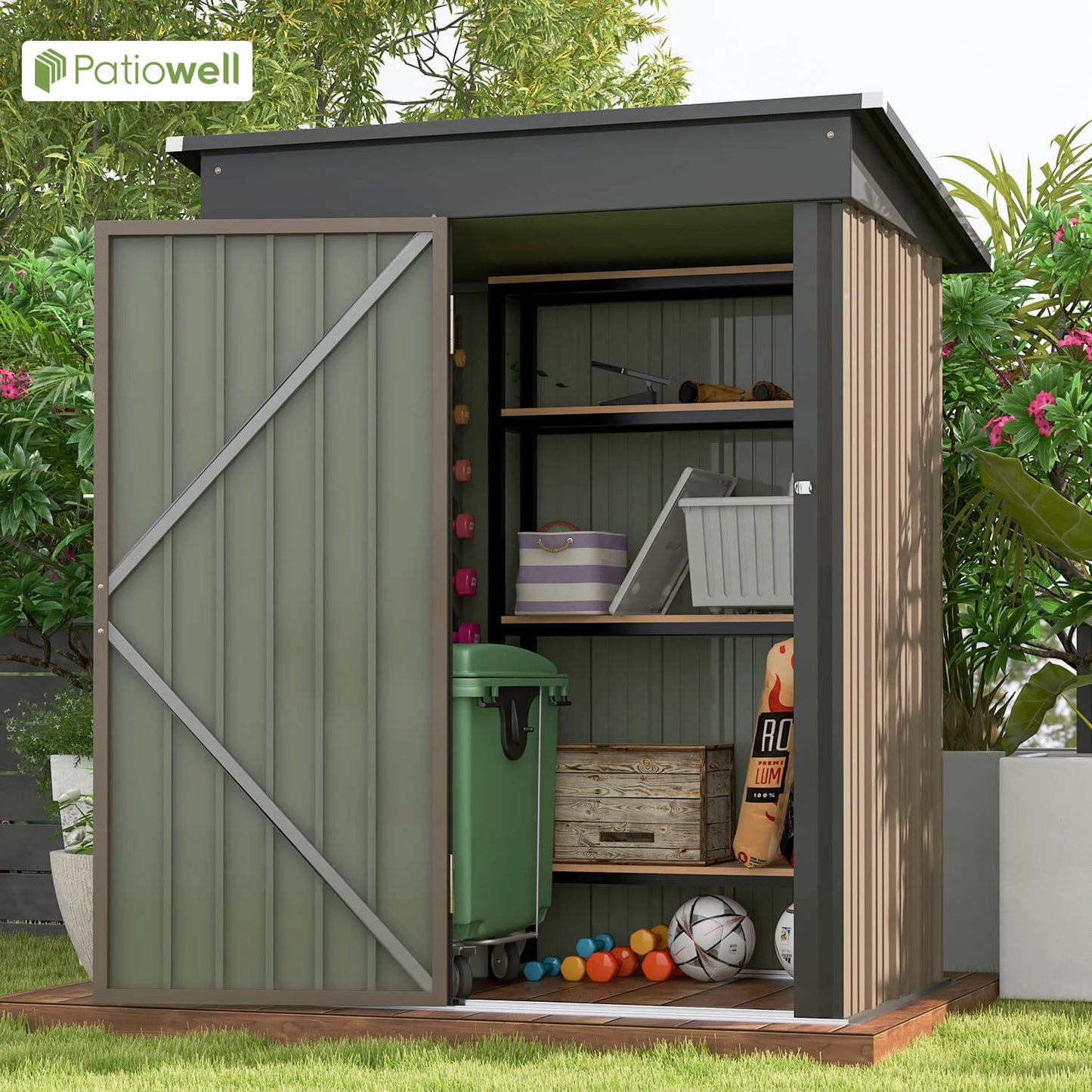 Patiowell 5x3 FT Outdoor Storage Shed, Tool Shed with Sloping Roof and Lockable Door, Metal Shed for Backyard, Garden, Patio, Lawn