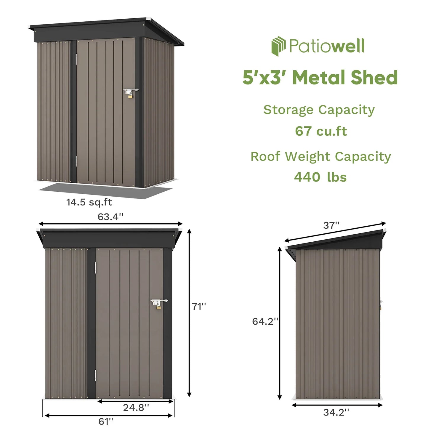 Patiowell 5x3 FT Outdoor Storage Shed, Tool Shed with Sloping Roof and Lockable Door, Metal Shed for Backyard, Garden, Patio, Lawn