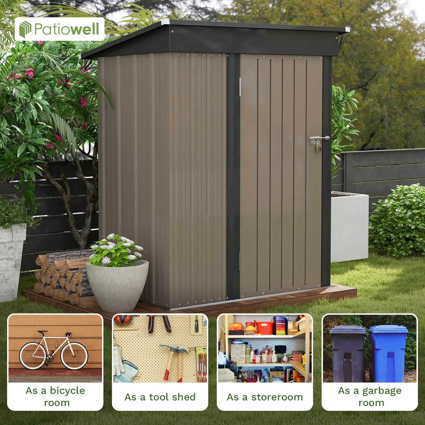 Patiowell 5x3 FT Outdoor Storage Shed, Tool Shed with Sloping Roof and Lockable Door, Metal Shed for Backyard, Garden, Patio, Lawn