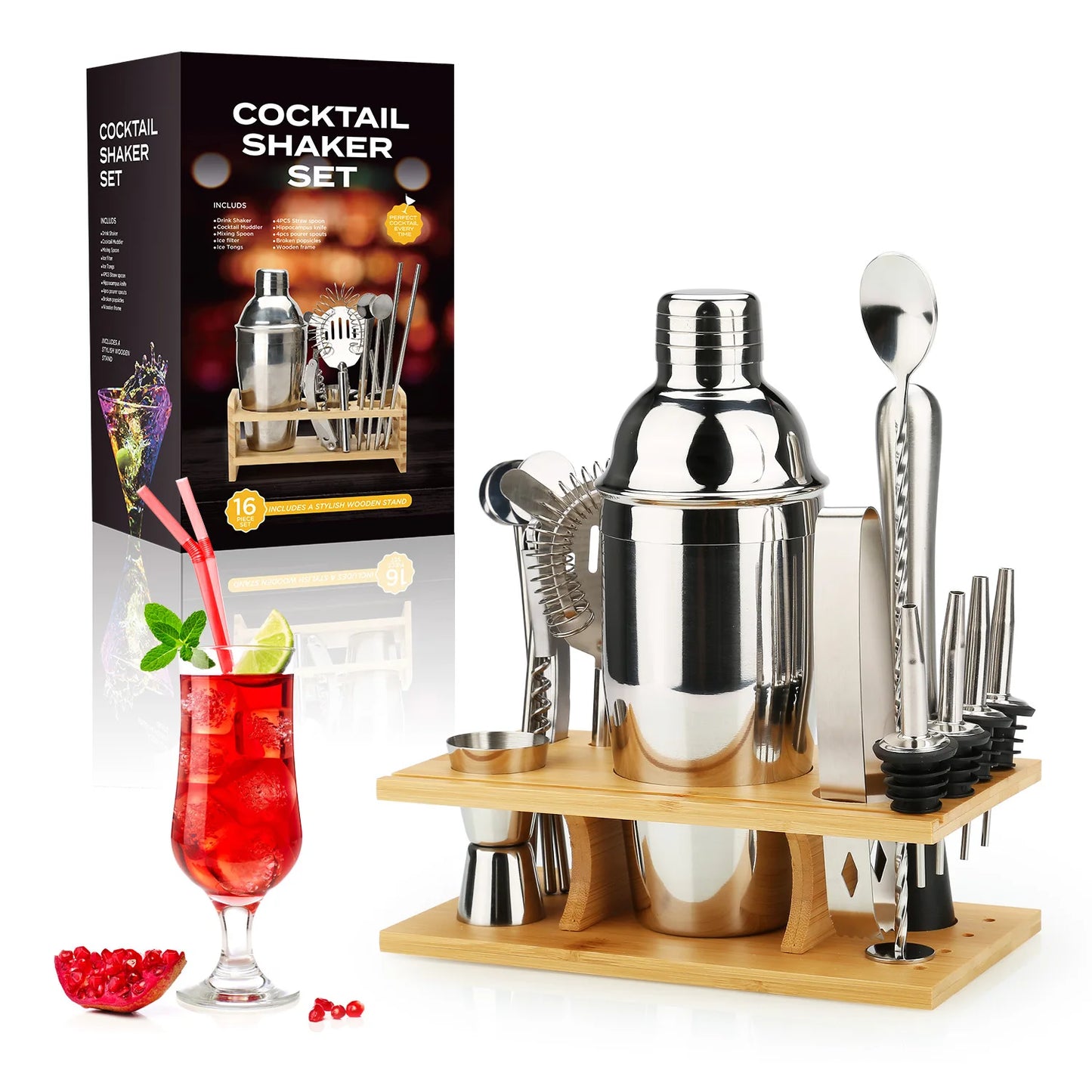Cocktail Shaker Making Set, 16pcs Bartender Kit For Mixer Wine Martini, Stainless Steel Bar Tools, Home Drink Party Accessories