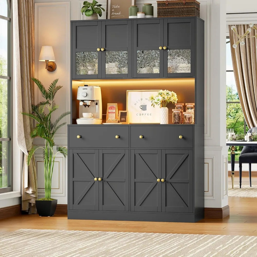 71 Inch Pantry with LED Light and Charging Station, Farmhouse Kitchen Pantry with Microwave Mount, 47.2 Inch Wide Kitchen Pantry