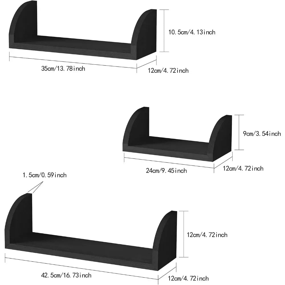 Floating Shelves Wall Mounted, Solid Wood Shelves Wall Bookshelves Set of 3 for Bedroom, Living Room, Bathroom, Kitchen - Black