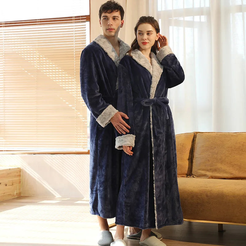 Men's Cozy Long-Sleeve Shawl Collar Home Loungewe Couple's Matching Brushed Flannel Robe Set Warm Sleepwear for Winter Nights