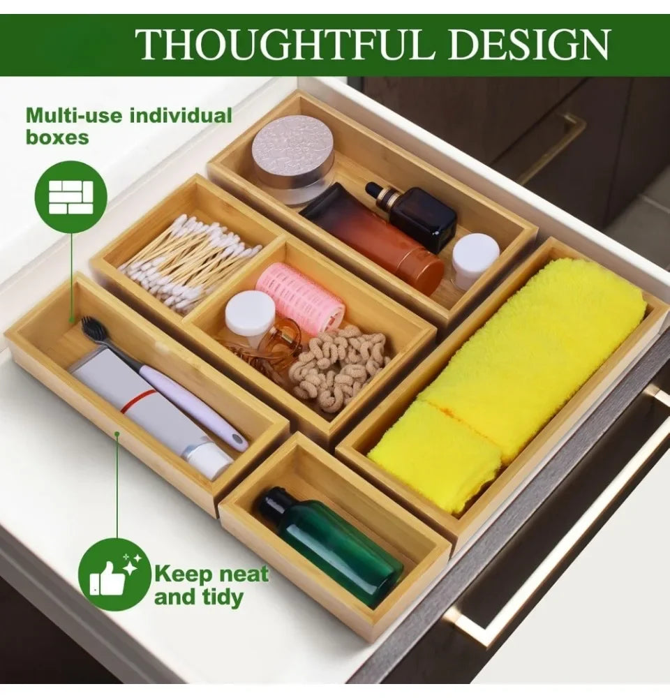 Bamboo drawer organizer Group, 5 multi-purpose personal wood storage organizers, trash drawer dividers