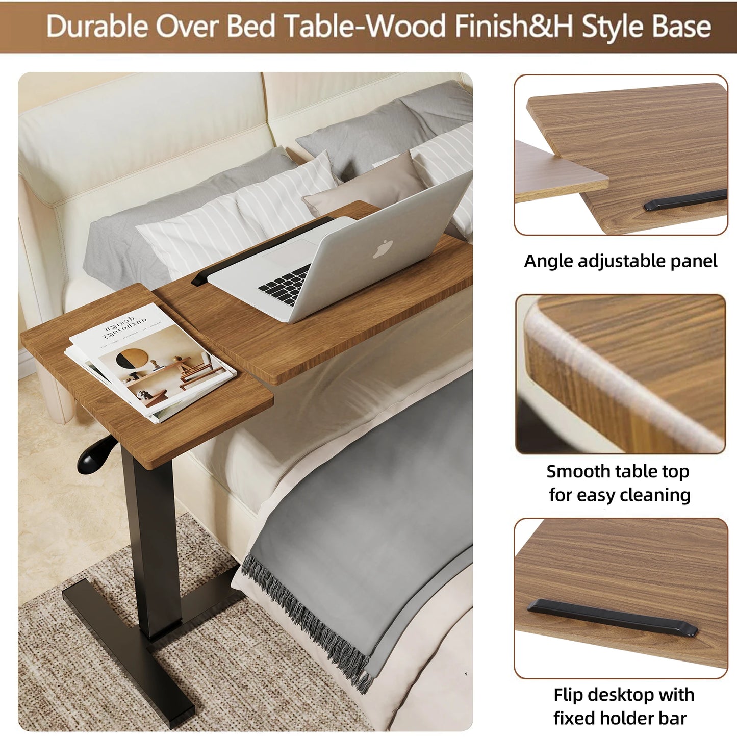 Height Adjustable Table,  Bedside desk,  Laptop Table with Hidden Rolling Wheels