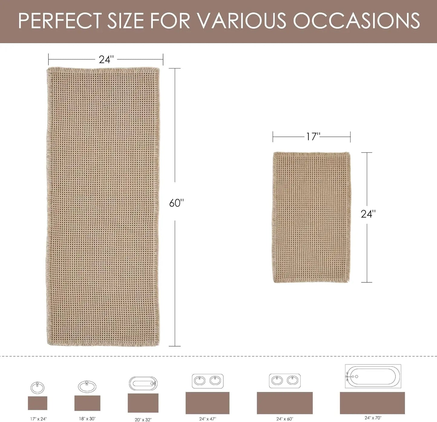 Non Slip Waffle Brown Bathroom Rugs, Super Absorbent Quick Dry Soft Washable Small Bath Mat with Tassels for Bathroom