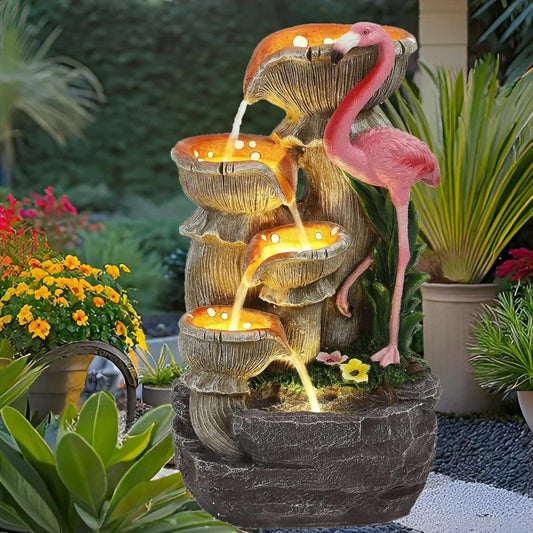 5 Tier Outdoor Indoor Water Feature Fountain, Flamingo Ornamental Cascading Waterfall with 5 LED Lights