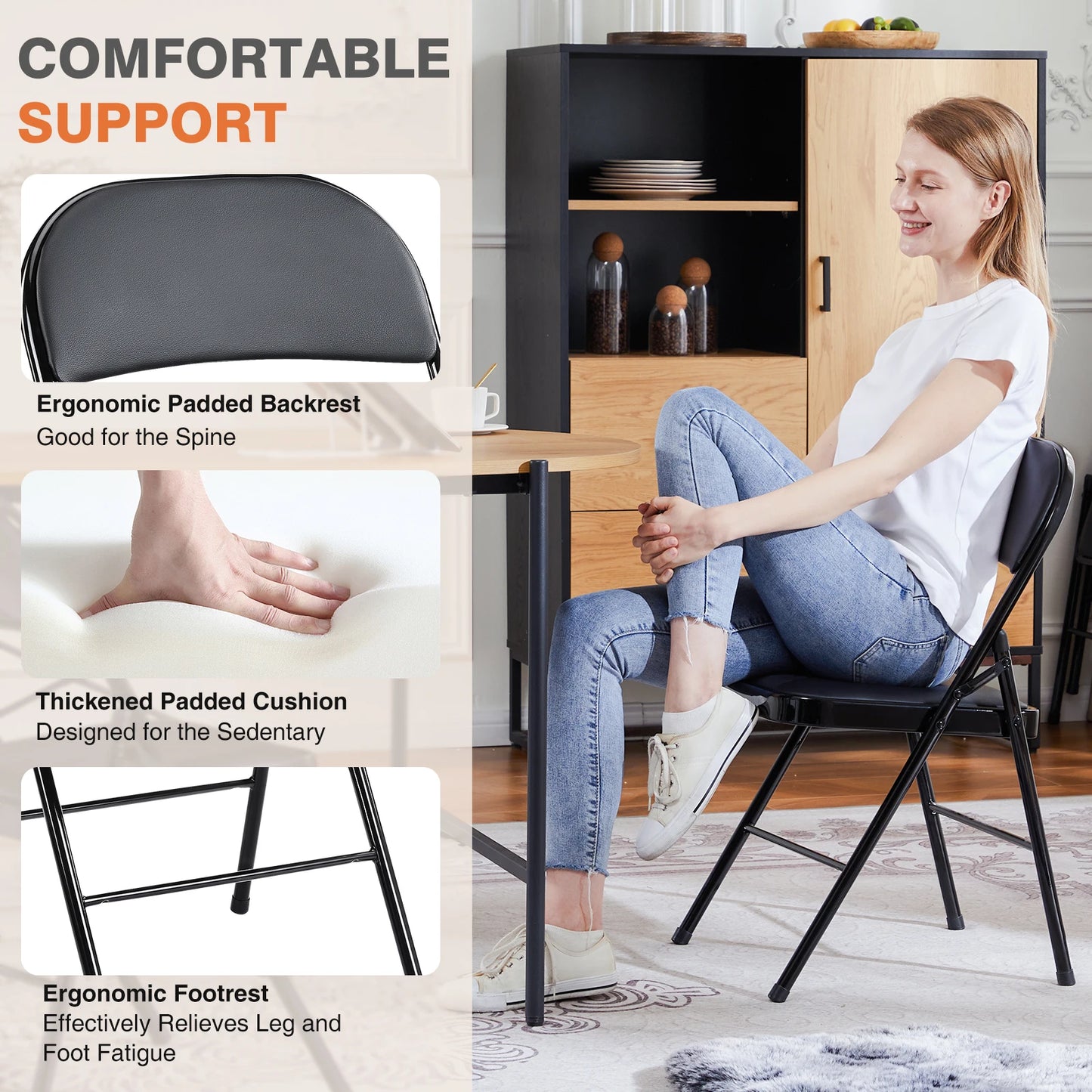 JHK Leather Padded Folding Chair 4 Pack, Sturdy Metal Living Room Dinner Chairs, Easy to Use Storage Outdoor, Home, Office