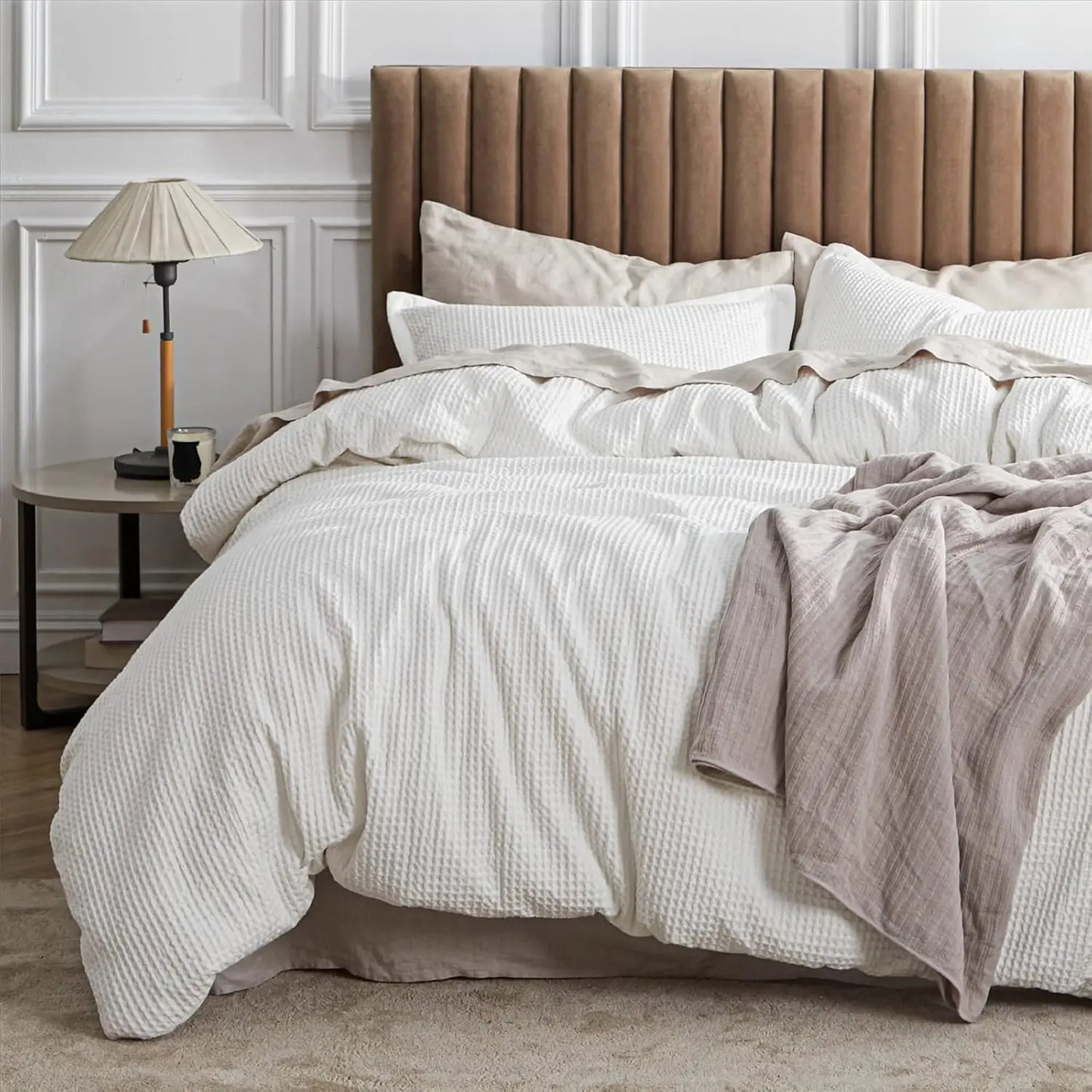 King Size Cotton Waffle Weave Duvet Cover Set - 100% Cotton, Breathable & Soft for All Seasons, 3 Pieces