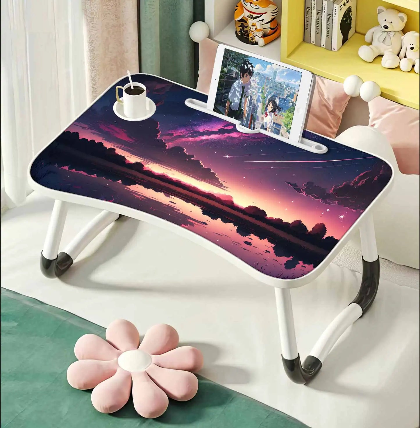 Extra-large multifunctional folding desk, portable multi-color wooden laptop bed desk with cup holder, suitable for work, reading