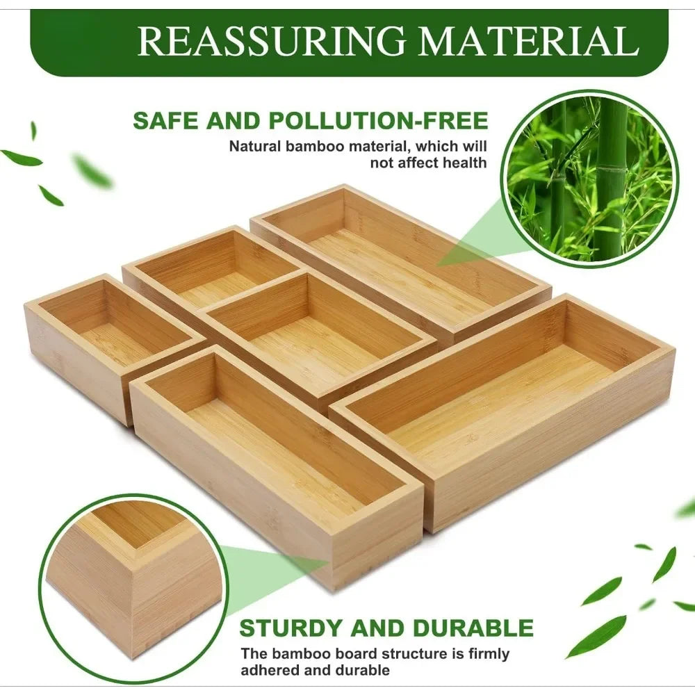 Bamboo drawer organizer Group, 5 multi-purpose personal wood storage organizers, trash drawer dividers