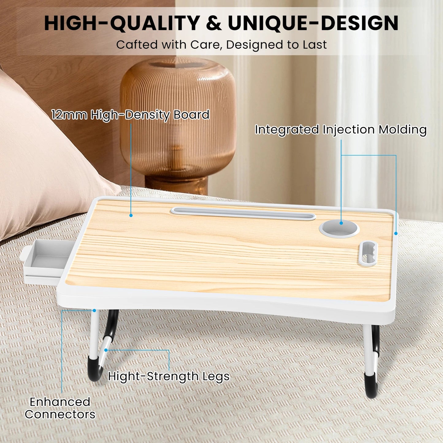 Extra-large multifunctional folding desk, portable multi-color wooden laptop bed desk with cup holder, suitable for work, reading