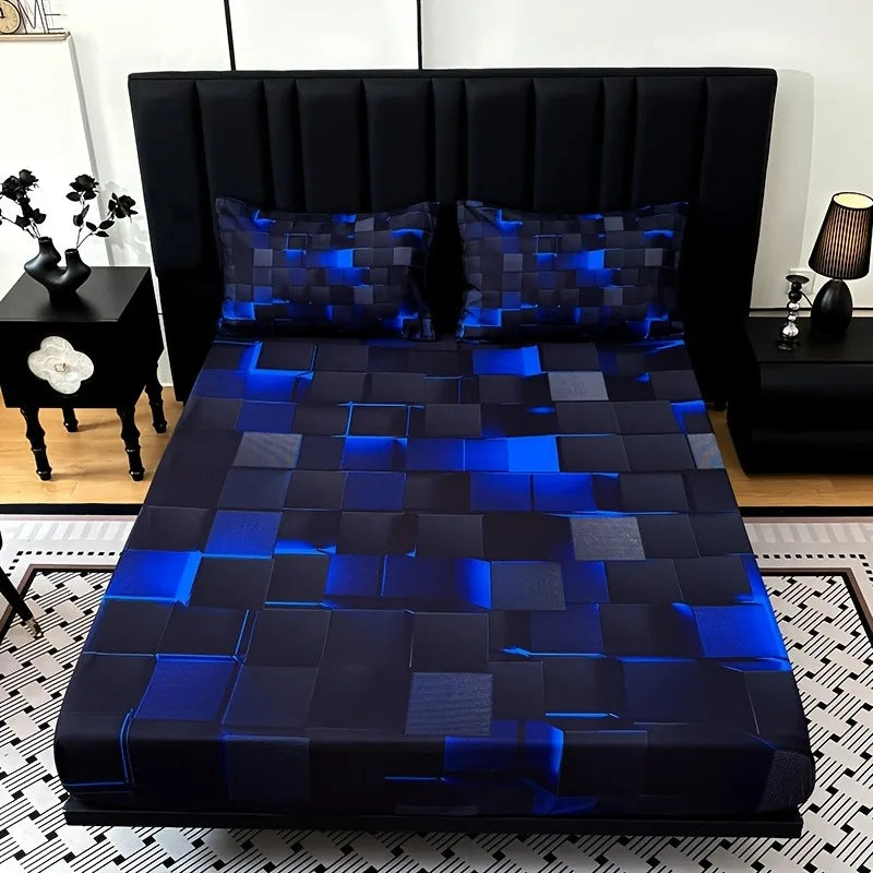 3pcs Cool Technology Digital Printing Material Plaid Fitted Sheet(1pc Bed Sheet+2pcs Pillowcase No Filling) Deep Pocket In 15 In