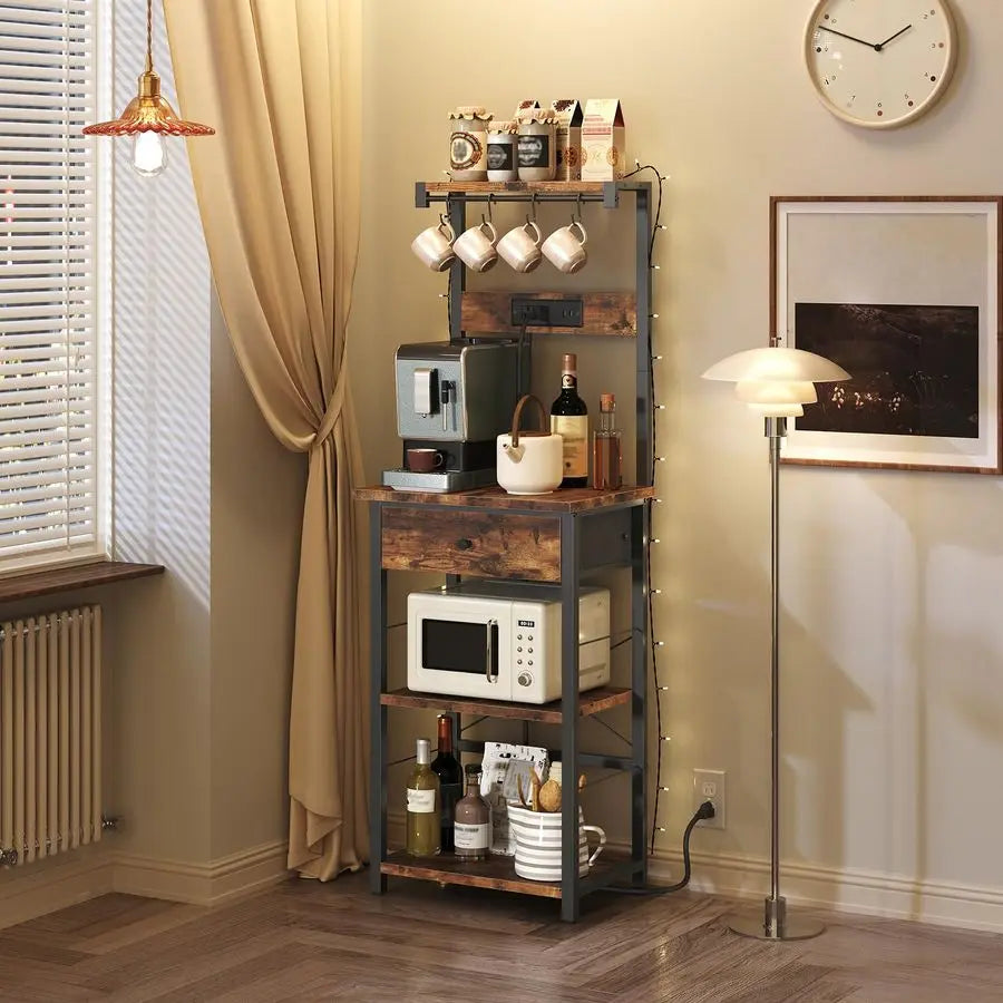 Rack with Drawer, Microwave Stand with Power Outlet, Coffee Bar Station with 4 Hooks, Kitchen Storage Shelf Rack 4 Tiers, for Kitchen