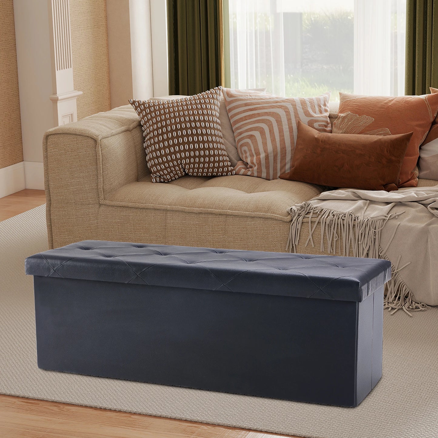 JHK 43 Inches Leather Folding Ottoman Storage, Footstool, Toy Box, Bedroom Bench, Load 660 lbs, Foot Rest Stool For Living Room