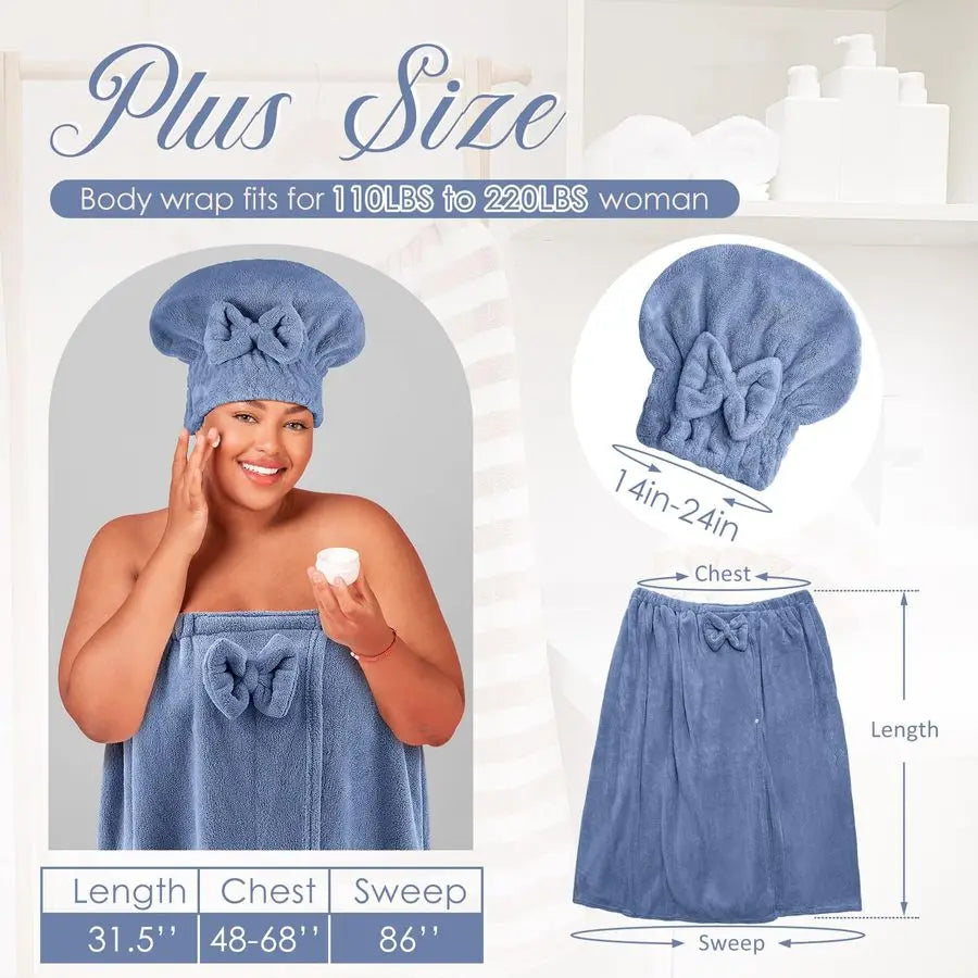 2 Sets Plus Size Womens Wrap Towel with Hair Towel Bath Wrap Shower Spa Wraps for Womens Bathrobe Blue