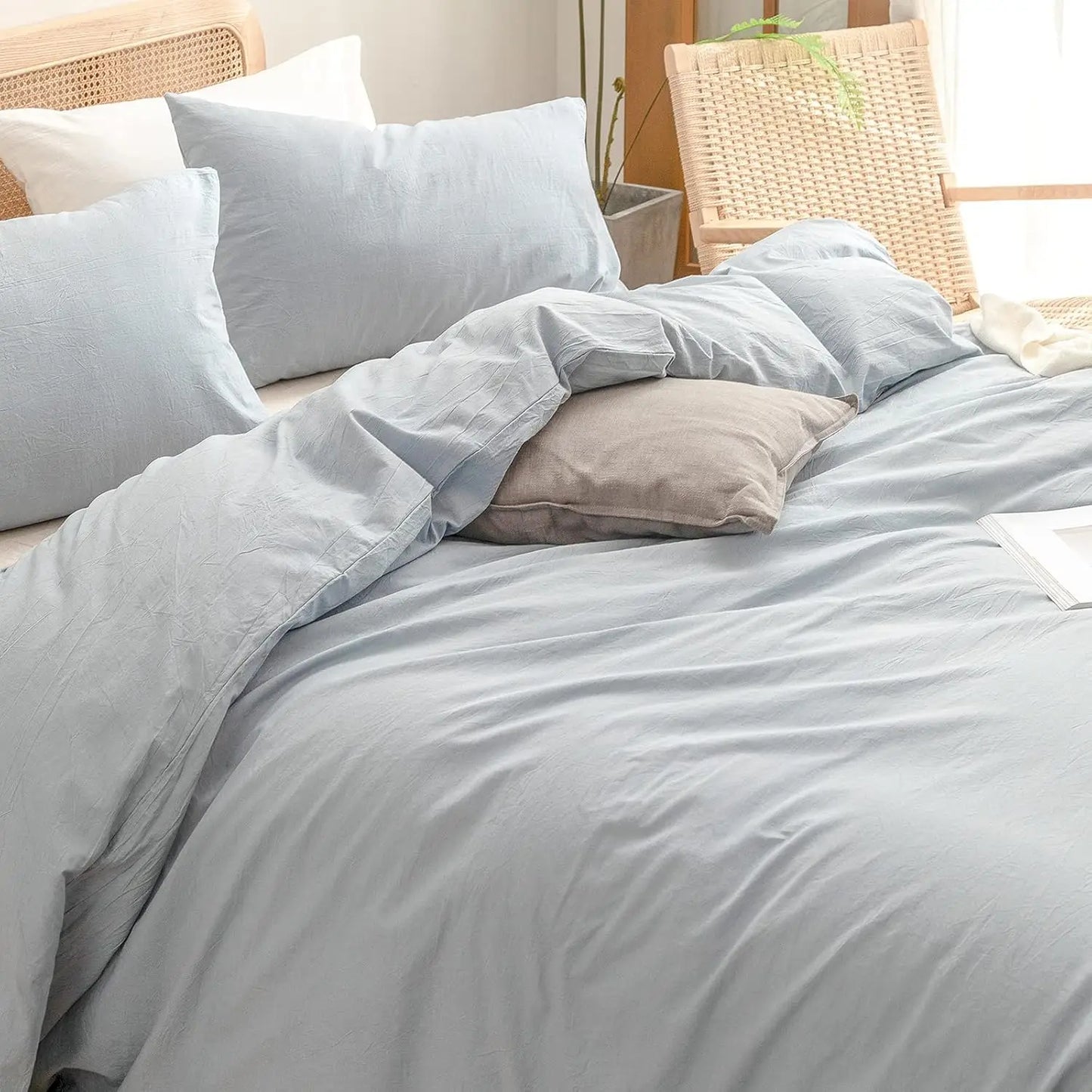 100% Washed Cotton Duvet Cover Set Super Soft Lightweight 3 PCs Queen Size Cornflower Blue