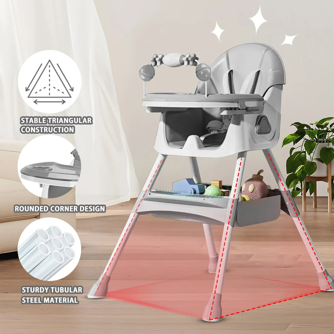 Foldable Baby High Chair 6 Months Plus, with Large Anti-slip Pad & Toy Rack, Easy to Clean
