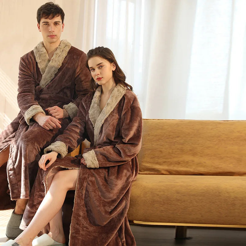 Men's Cozy Long-Sleeve Shawl Collar Home Loungewe Couple's Matching Brushed Flannel Robe Set Warm Sleepwear for Winter Nights