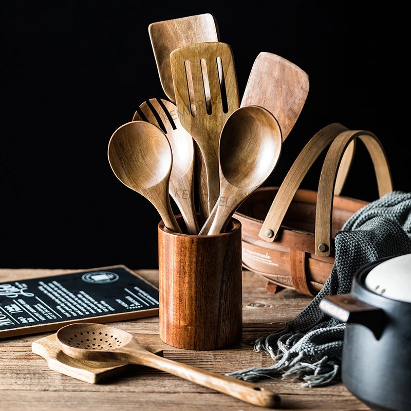 9 PCS Wooden Spoons For Cooking, Wooden Utensils For Cooking With Utensils Holder, Teak Wooden Kitchen Utensils Set