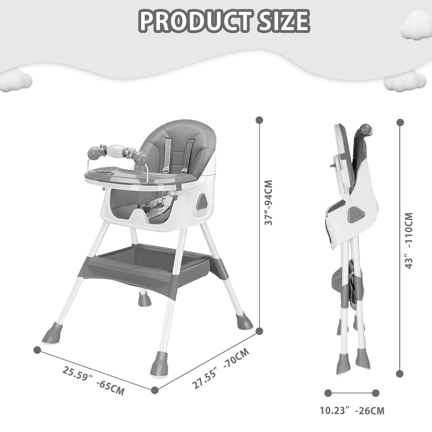 Foldable Baby High Chair 6 Months Plus, with Large Anti-slip Pad & Toy Rack, Easy to Clean