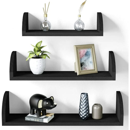 Floating Shelves Wall Mounted, Solid Wood Shelves Wall Bookshelves Set of 3 for Bedroom, Living Room, Bathroom, Kitchen - Black