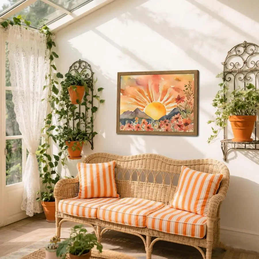 Sunset Boho Wall Art for Living Room Modern Abstract Floral Canvas Picture Boho Wall Decor, Sun Landscape Aesthetic Painting Pos