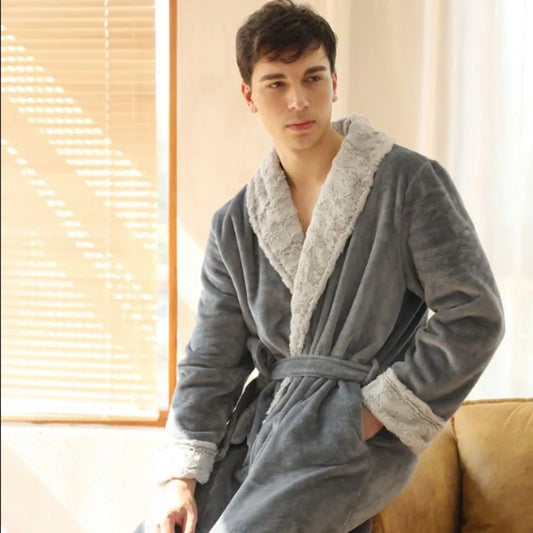 Men's Cozy Long-Sleeve Shawl Collar Home Loungewe Couple's Matching Brushed Flannel Robe Set Warm Sleepwear for Winter Nights