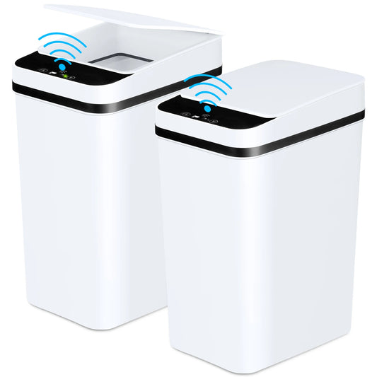 2 Pack  Bathroom Automatic Trash Cans Touchless Motion Sensor Slim with Lid for Bathroom Bedroom Living Room Office White