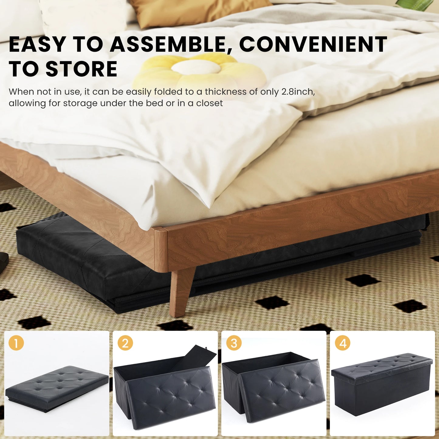 JHK 43 Inches Leather Folding Ottoman Storage, Footstool, Toy Box, Bedroom Bench, Load 660 lbs, Foot Rest Stool For Living Room