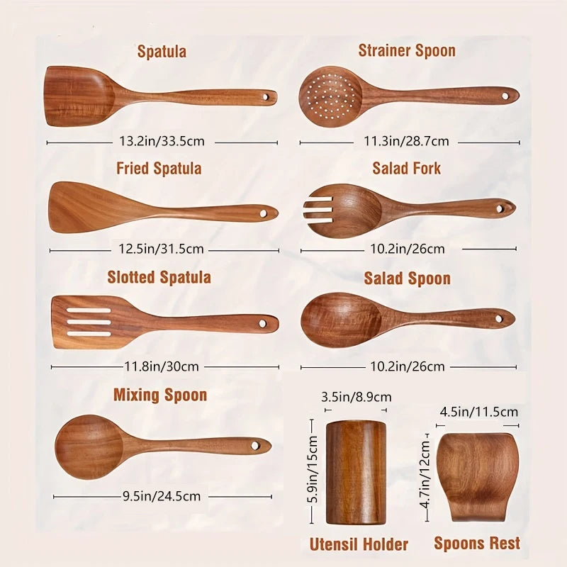 9 PCS Wooden Spoons For Cooking, Wooden Utensils For Cooking With Utensils Holder, Teak Wooden Kitchen Utensils Set