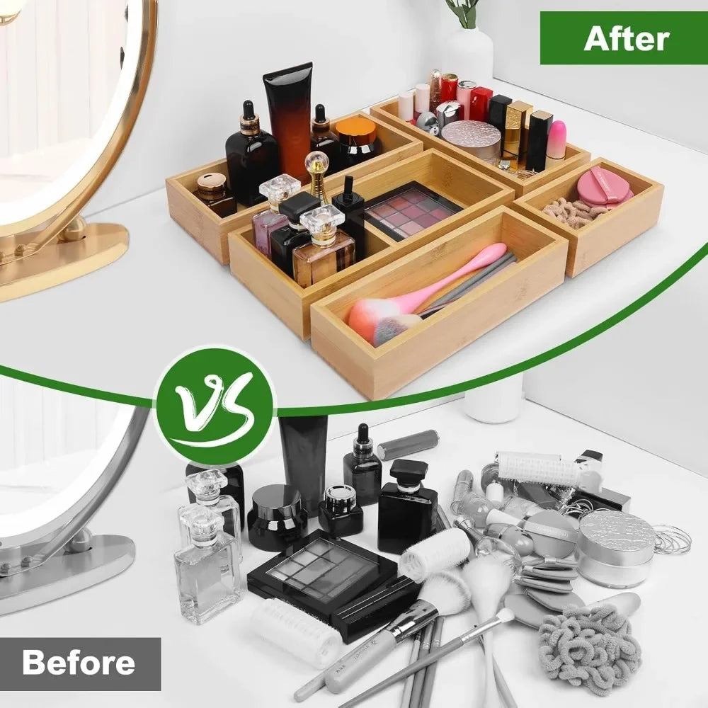 Bamboo drawer organizer Group, 5 multi-purpose personal wood storage organizers, trash drawer dividers