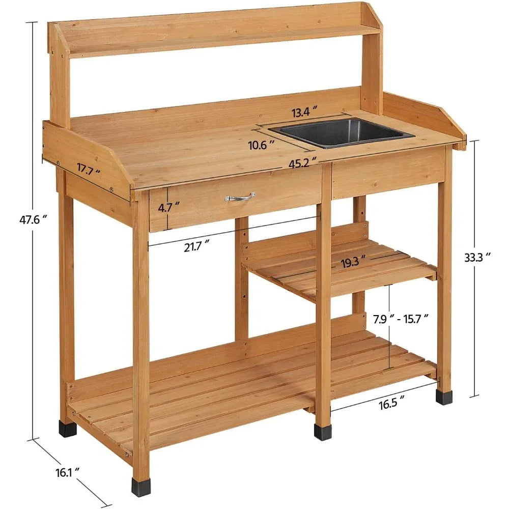 45.2 x 17.7 x 47.6'' Potting Benches Outdoor Garden Potting Table Work Bench with Removable Sink Drawer Rack Shelf