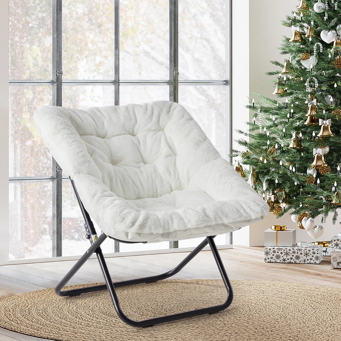 JHK 28IN Cozy Saucer Chairs, Soft Faux Fur, Large Size Folding Lounge, Living Room Padded Seat Metal Frame, Reading Chair