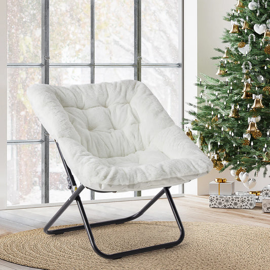 JHK 28IN Cozy Saucer Chairs, Soft Faux Fur, Large Size Folding Lounge, Living Room Padded Seat Metal Frame, Reading Chair