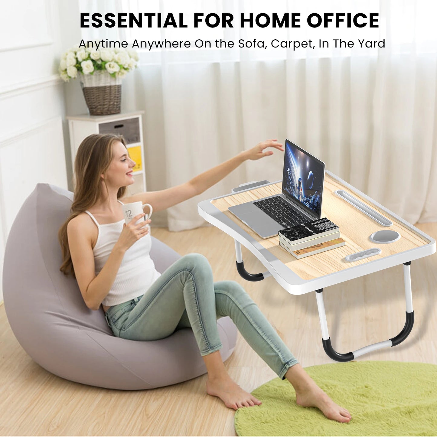 Extra-large multifunctional folding desk, portable multi-color wooden laptop bed desk with cup holder, suitable for work, reading