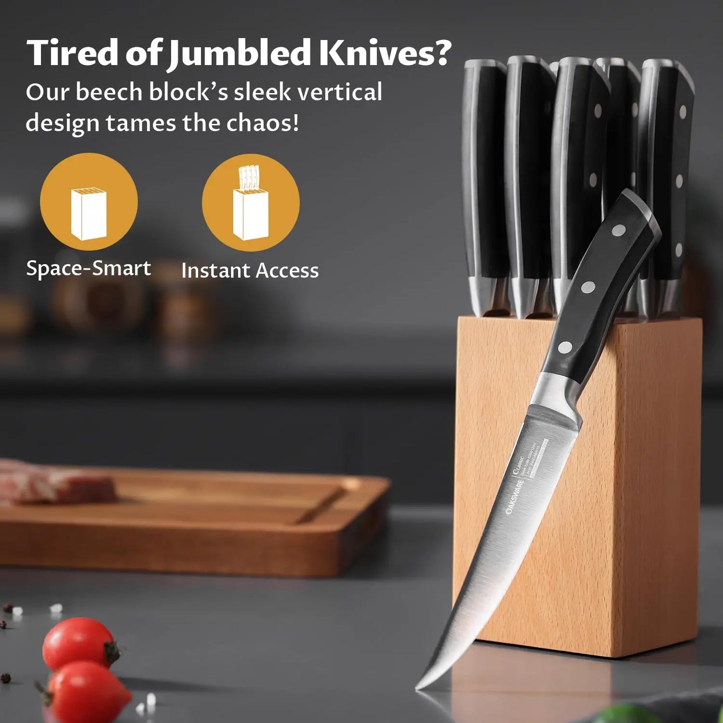 Steak Knives Set of 8, 5 Inch Non Serrated Steak Knife with Beech Block, Razor-Sharp German Stainless Steel Dinner Knives, Durable