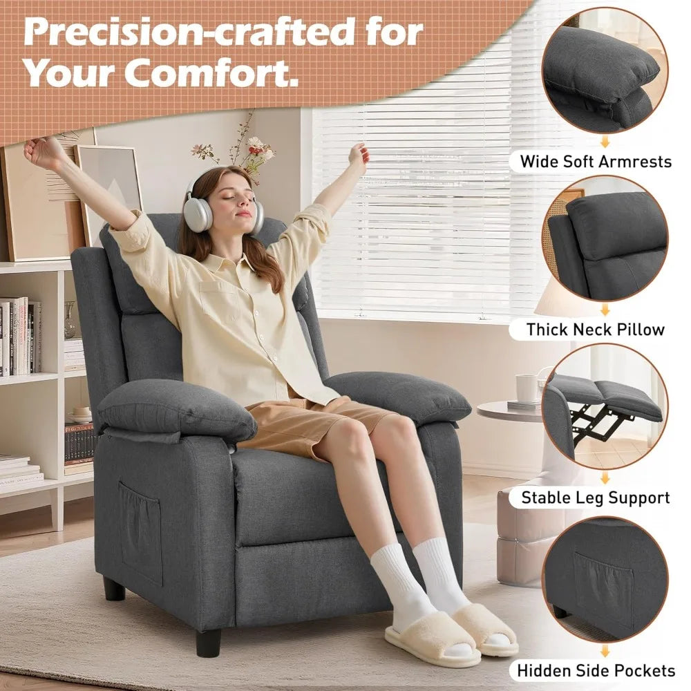 Recliner Chair, Padded Deep Seat Reading Chair with Side Pockets, Small Recliners, Customized