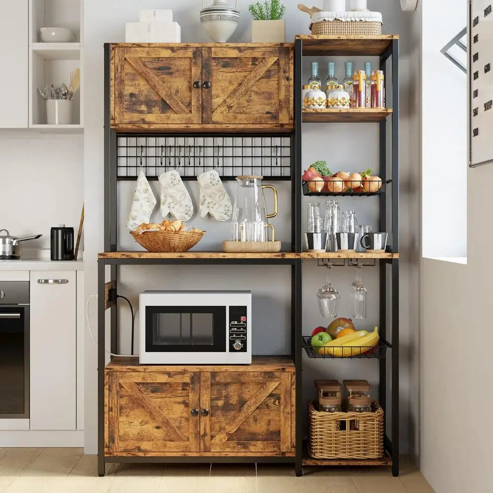 IRONCK Bakers Rack with 2 Storage Cabinets and Power Outlet, 45.3 Inch Kitchen Microwave Stand with Storage, Coffee Bar Cabinet