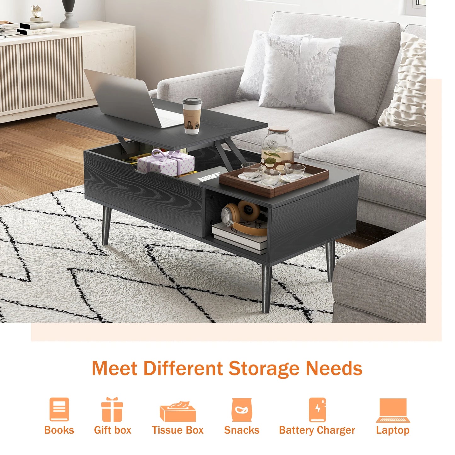 Lift Top Coffee Tables For Living Room 39.37"x19.7" Desk Tea Wood Dining Tables Adjustable Storage Shelf Easy Lift Or Lower