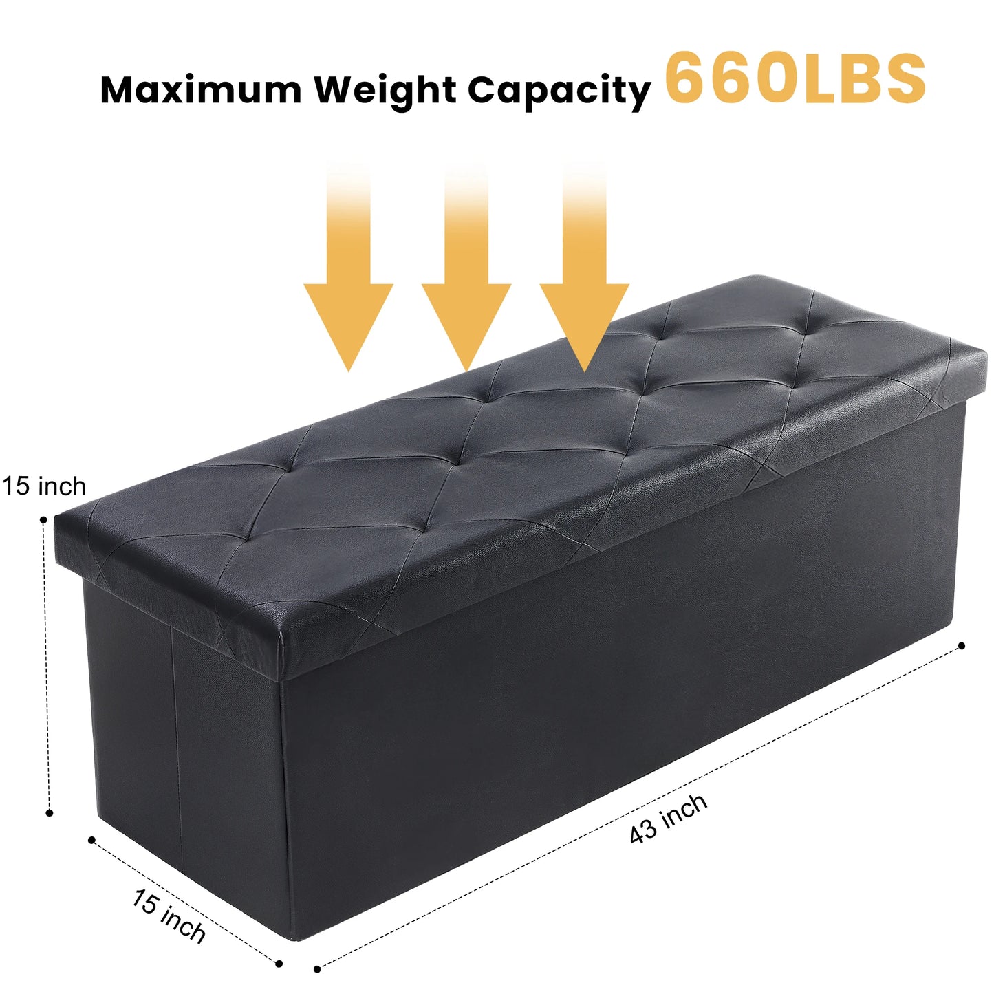 JHK 43 Inches Leather Folding Ottoman Storage, Footstool, Toy Box, Bedroom Bench, Load 660 lbs, Foot Rest Stool For Living Room